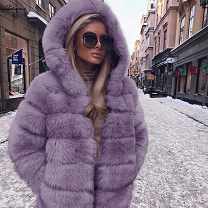 Women's Pink Faux Fur Hooded Puffer Coat Warm Mid-Length Winter Jacket Office Lady