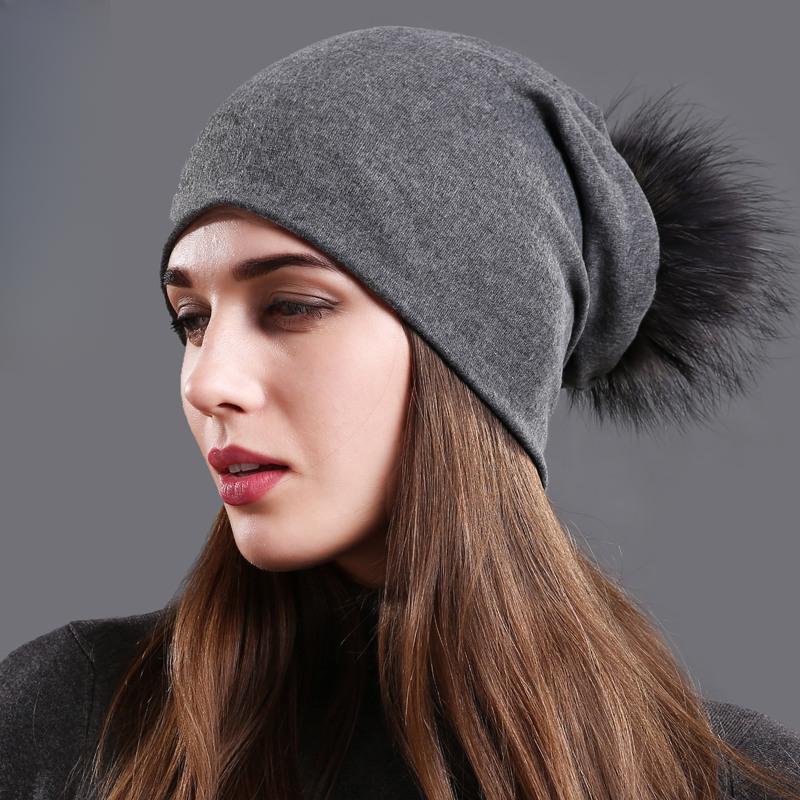Женские шапки с помпоном из натурального меха енота, шапки, осенне-зимние теплые однотонные шапки для женщин, модные хлопковые тонкие шапки с черепами