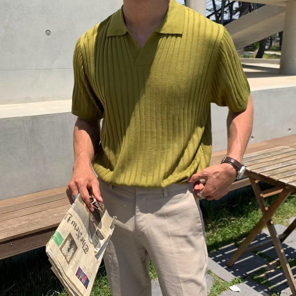 Men's Trendy Summer Japanese Style Polo Shirt - Short-Sleeved, Solid Color, Versatile Knitted Top
