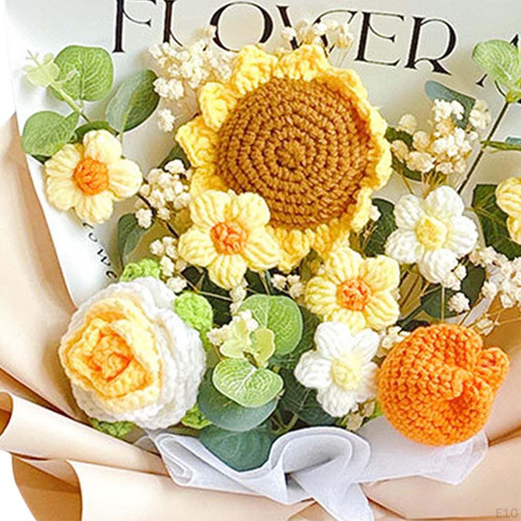 Completed Crochet Flowers Bouquet Artificial Knitting Daisy Elegant for Mother Day,