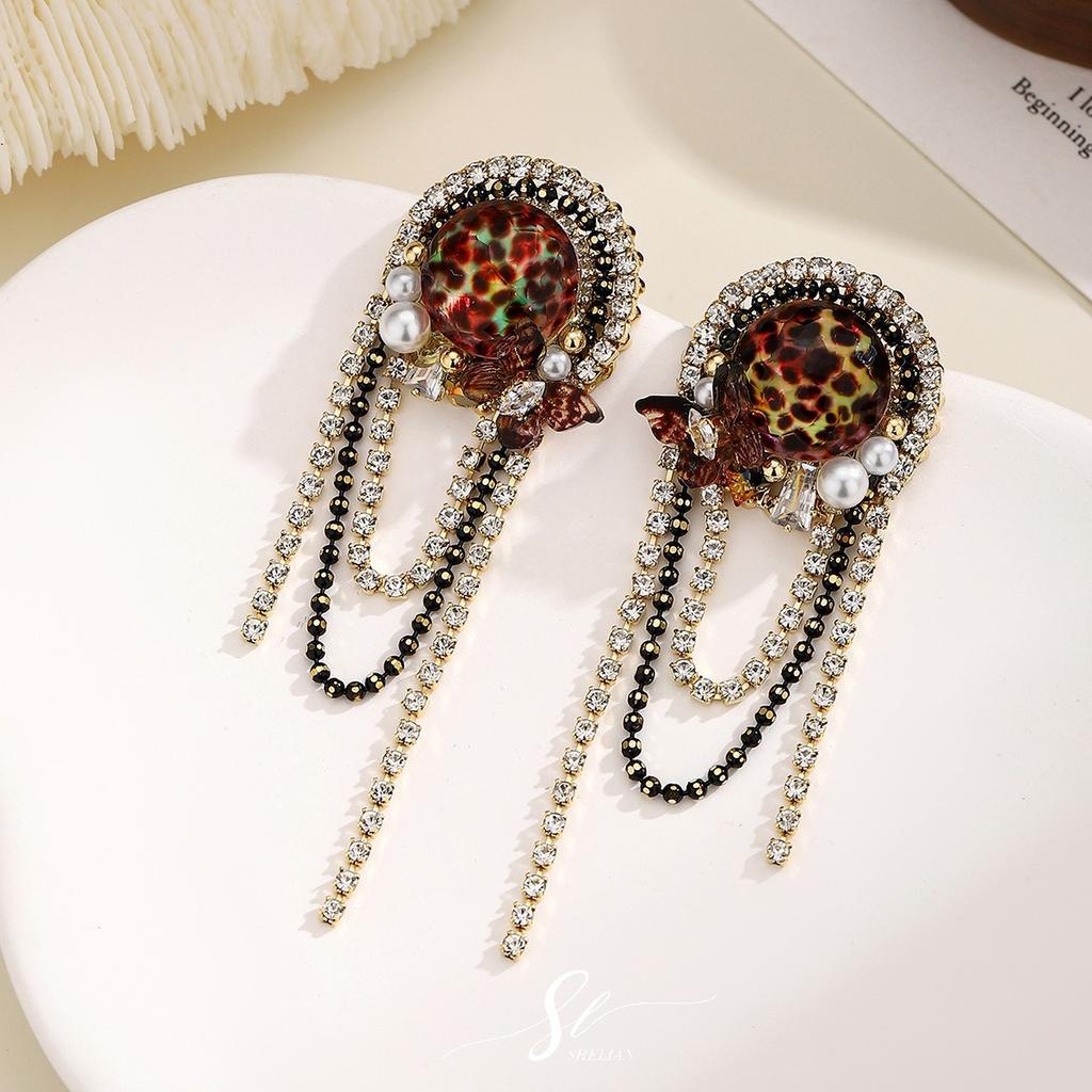 Heavy-craft, light luxury, vintage zircon tassel earrings, handmade leopard print silver needle earrings, new elegant and high-end earrings