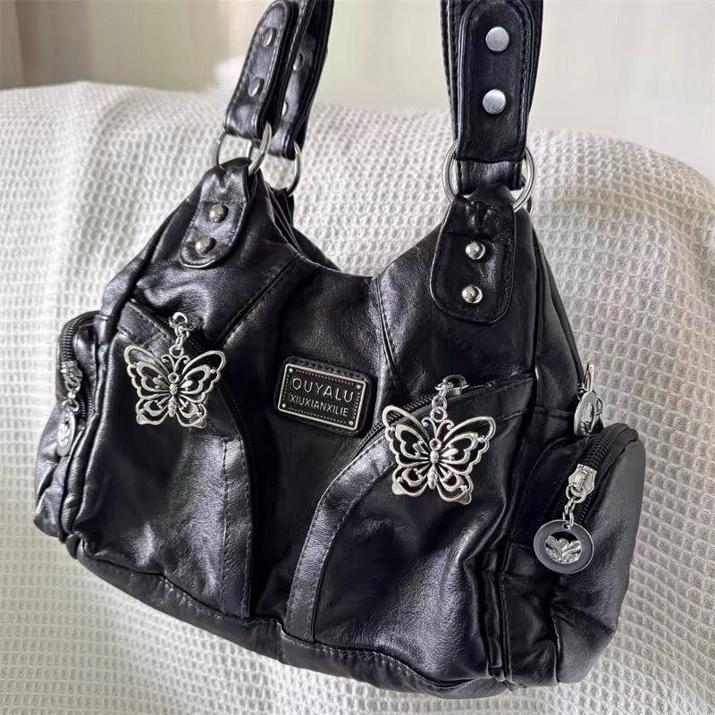 Retro Butterfly Black Handbag Women Subculture Leather Shoulder Messenger Bags Y2k Ladies Vintage Underarm Bag