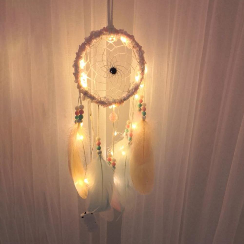 Creative Weaving Feather Wind Chime with Light Creative Home Pendant Gift Hanging Drop Feathers Dream Catcher Home Bedroom Decor