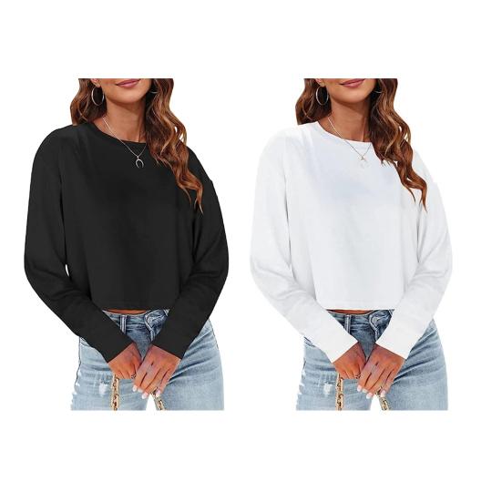 Женские топы с круглым вырезом и длинными рукавами, однотонные свободные укороченные топы для повседневной носки