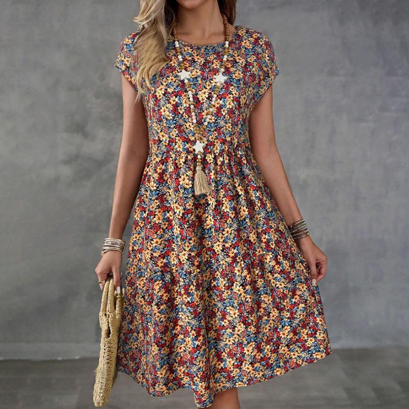 Women Summer Short Sleeve Round Collar Flower Printed One Piece Dress
