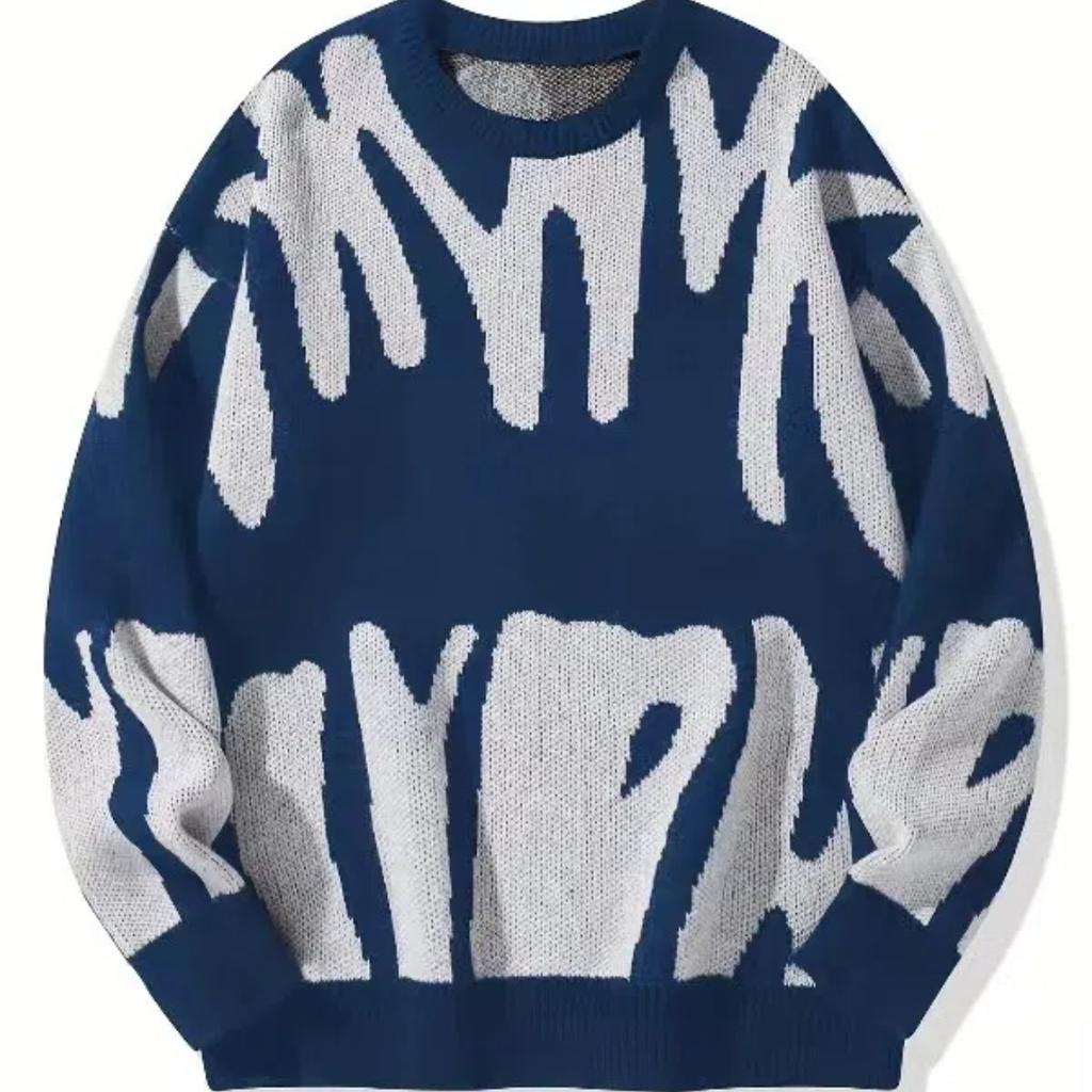 Новый контрастный круглый вырез женский ретро ленивый свободный тренд пара взрывной трикотажный свитер