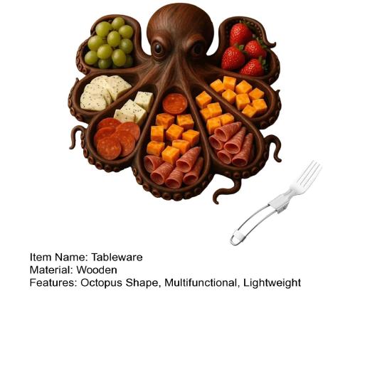 Блюдо для закусок «Осьминог» с вилкой, поднос для сырной доски в океанской тематике для мяса, сыра, фруктов, морепродуктов, деревянный сервировочный поднос, уникальный подарок