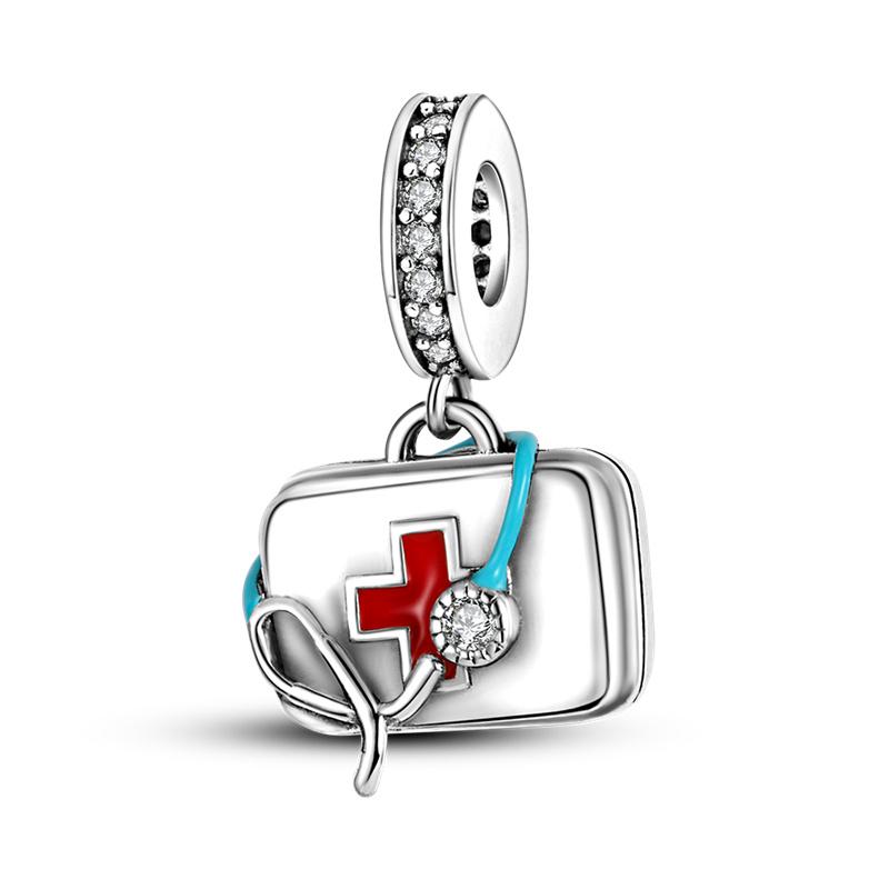S925 Silver Charm Healthcare Heroes Medical Care Love Nurse Doctor Stethoscope Pendant for Bracelet DIY Jewelry Making