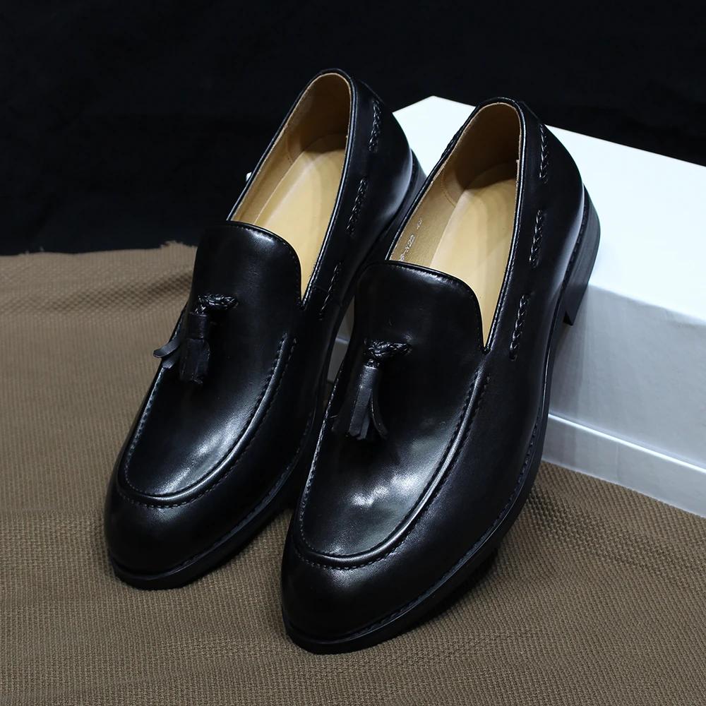 Fashion Classic Men's Genuine Cow Leather Tassel Loafers Slip-On Formal Dress Shoes Plain Toe Office Casual Loafers for Daily Wear