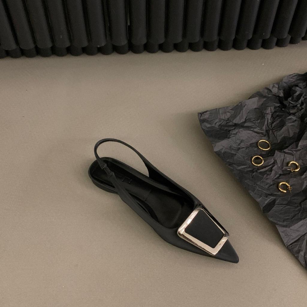 Французские сандалии с плоской подошвой, черные, с ремешком на пятке, женские, новинка 2025 года, весна-лето, остроносые, с темпераментом, украшенные стразами, туфли-лодочки