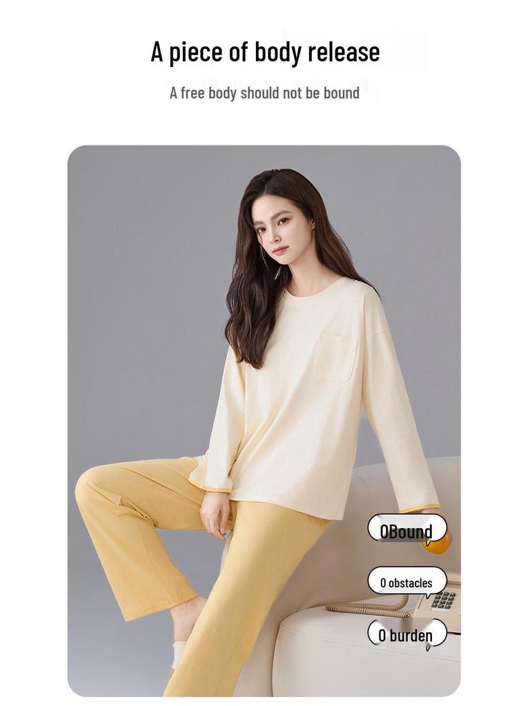 Женская пижама из чистого хлопка с вкладышами на грудь - с длинным рукавом, больших размеров, для осени/зимы. Для ношения на улице, Свободный домашний костюм.