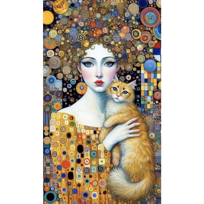 Абстрактная женщина и кошка, холст, настенное искусство, искусство Густава Климта, элегантная девушка, принты для офиса, гостиной, домашнего декора