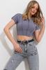 Women's Blouse New Season Fashion Gray Crew Neck Front Stitched Crop Sandy Blouse