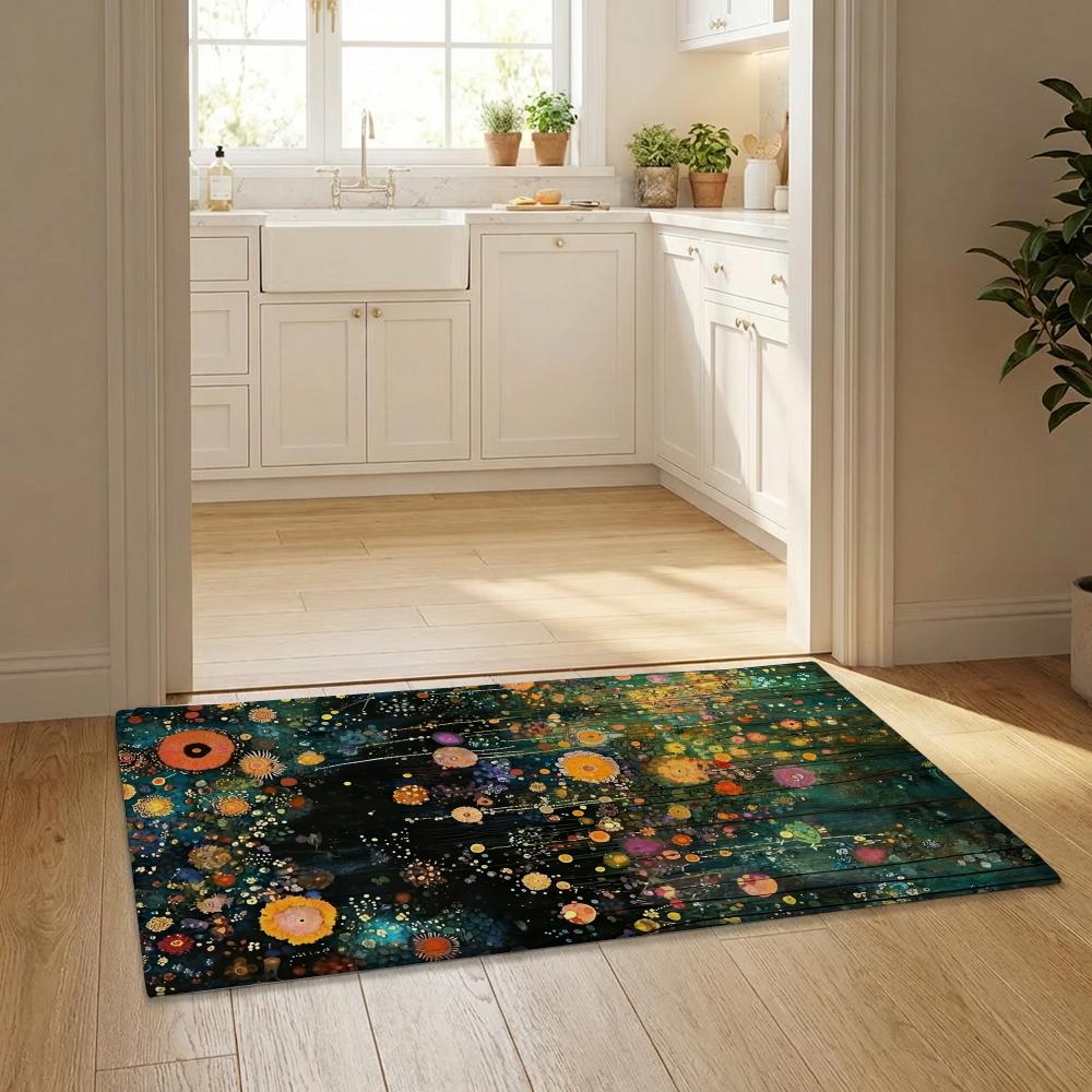 G-Gustav Klimt Print Starry Night Floor Mat Flannel Door Mat Non-Slip Bedroom Living Room Home Decor