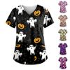 Женские топы с короткими рукавами и v-образным вырезом с принтом на Хэллоуин, рабочая форма, карманная блузка