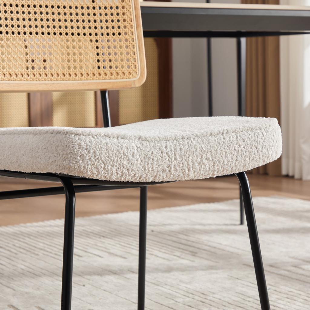Modern Dining Chair, Set of 2, Chenille Upholstery, without Armrests, Solid Wood Frame on the Backrest, Rattan Look, Adjustable Metal Feet-Ivory