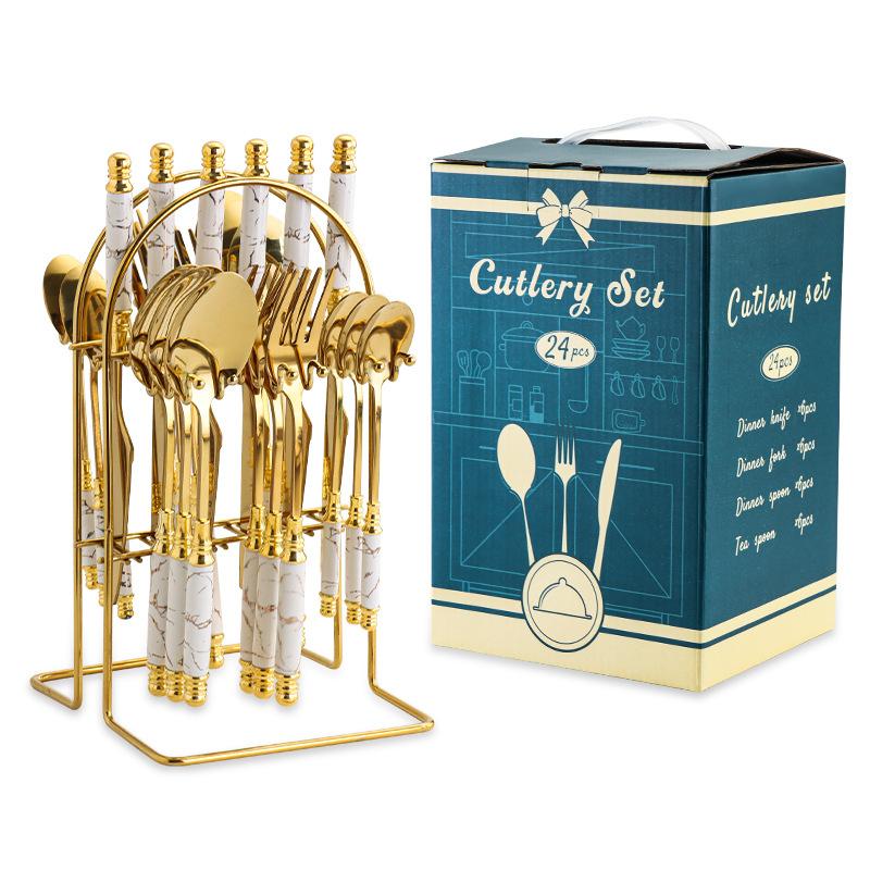 Набор столовых приборов из нержавеющей стали, 24 предмета, кованый узор, керамическая ручка, набор ножей, вилок и ложек, набор столовых приборов, дорожный набор столовых приборов, набор столовых приборов