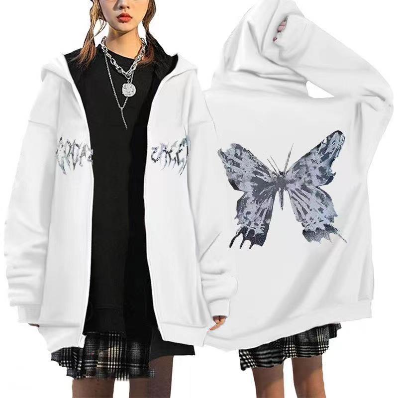 Dark Style Sweatshirt Ladies Hoodie Goth Couple Butterfly Skull Harajuku Large Size Zip Sweater
