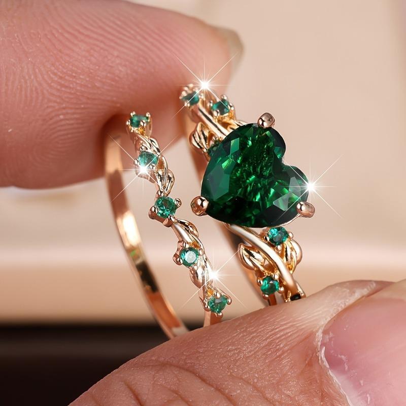 Новый стиль Shein: Набор штабелируемых колец в форме сердца из циркония и бриллиантов - Модный Ретро Простой Рубин
