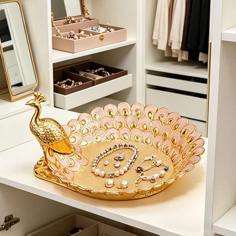 Golden Peacock Decorative Tray - Luxury Home Storage & Ornament Tray for Bedroom, Living Room, Dining Table