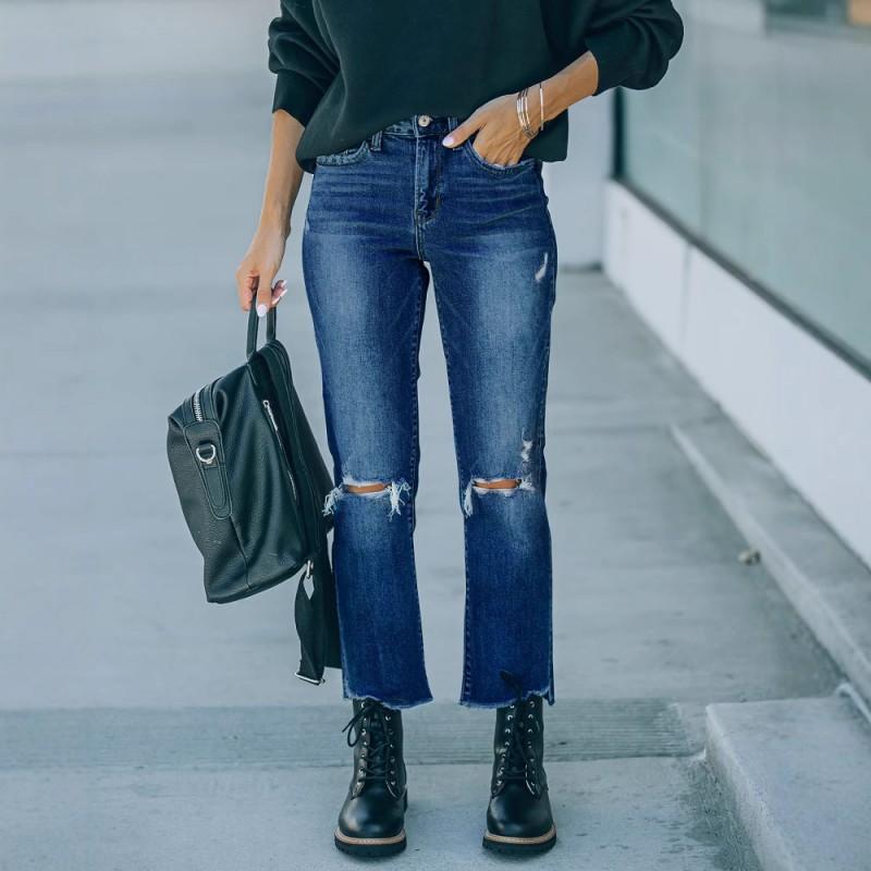 Womens High Waist Straight Leg Denim Jeans With Distressed Holes Slim Fit Long Pants