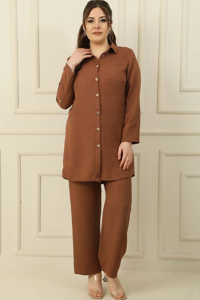 Single Pocket Sleeve Folded Shirt Elastic Waist Palazzo Trousers Linen Effect Large Size 2 Piece Set