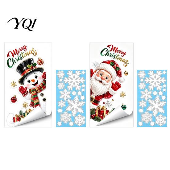 Festive Home Window Decor Christmas Static Clings, Santa Snowman PVC Stickers, Waterproof Clings Glass Decals for Shop Holiday Decorations Snowflake