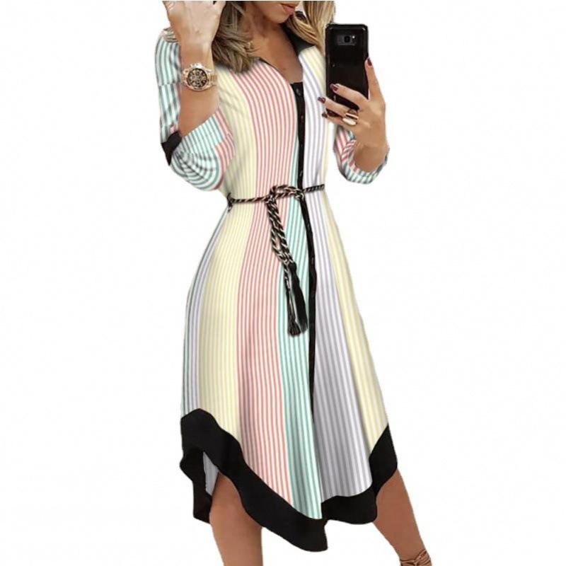Multi-color Waist Tie Dress European and American Style Slimming Mid-Length Printed Dress Multiple Patterns Available