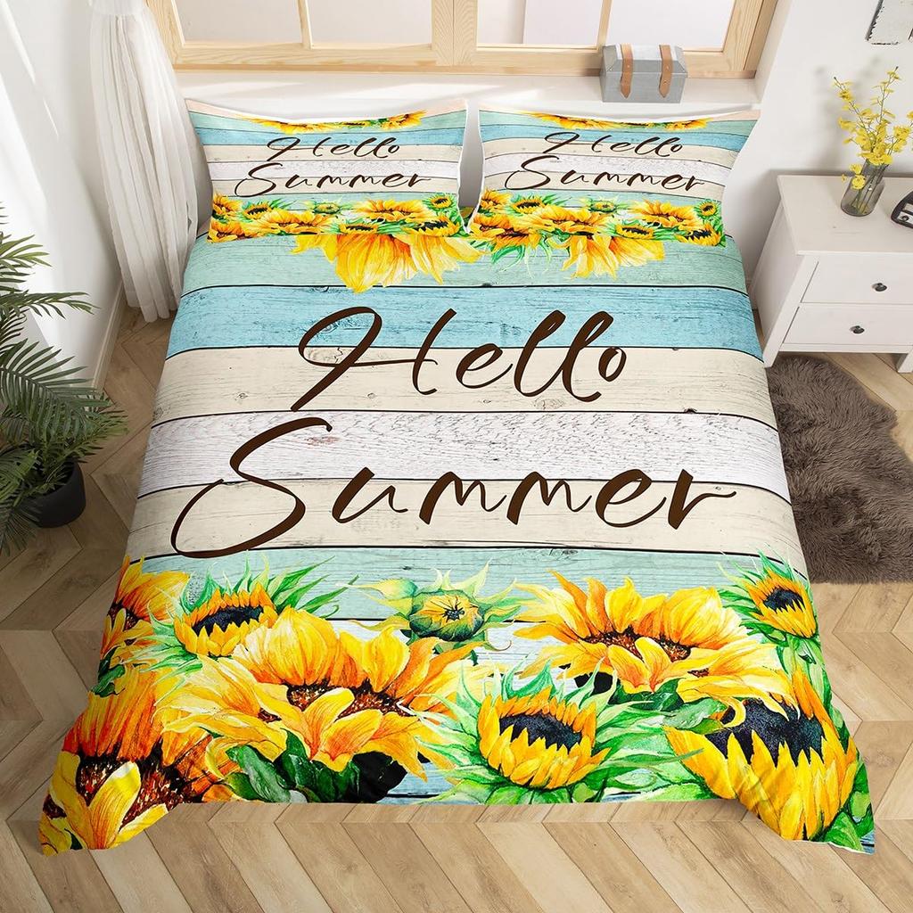 Постельное белье Hello Summer с желтым подсолнухом, пододеяльник в фермерском стиле с коричневой полосой и старой деревянной дверью с зелеными листьями, комплекты постельного белья