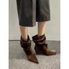 Sheepskin Version Retro Suede Pointed-toed Tall Boots, Slope Heel Pleated Piled Boots, Women's Rivets Decorative Western Cowboy Boots