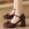 Fashion Sanded Leather Bow Chunky Heels with Super High Heel One-line Sandals with Bun Toe for Women Brown All-in-one Leather Shoes
