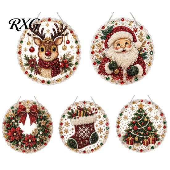 Decorative Ornaments for Garden Christmas DIY Faux Diamond Painting Hanging, Santa Wreath Acrylic Pendant, Pearl Crystal Texture Beads Craft Kit Wall