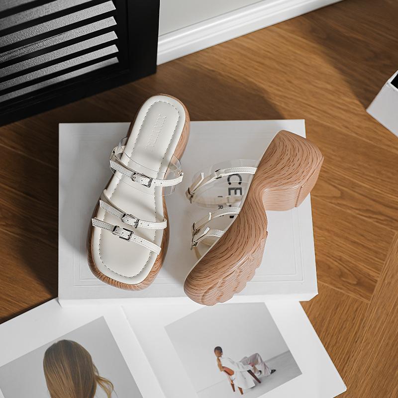 Женские босоножки на платформе тонкий ремешок текстура дерева летние новые отпускной наклонный каблук мягкая подошва увеличивающие рост слово с римскими сандалиями шлепанцы