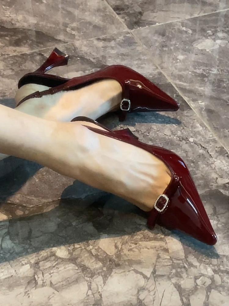 Burgundy Bow Buckle Rhinestone Sandals Horseshoe Heel Strap Sexy Celebrity High Heels