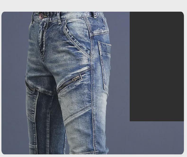 Men's Trendy Retro Slim Fit Korean Style Distressed Zipper Stitching Jeans for Autumn and Winter