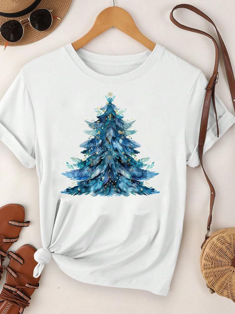 (Asian Size) Merry Christmas Tee Top Festival New Year Holiday Casual Lovely Letter Trend Women Print Lady Short Sleeve Fashion Graphic T-shirts