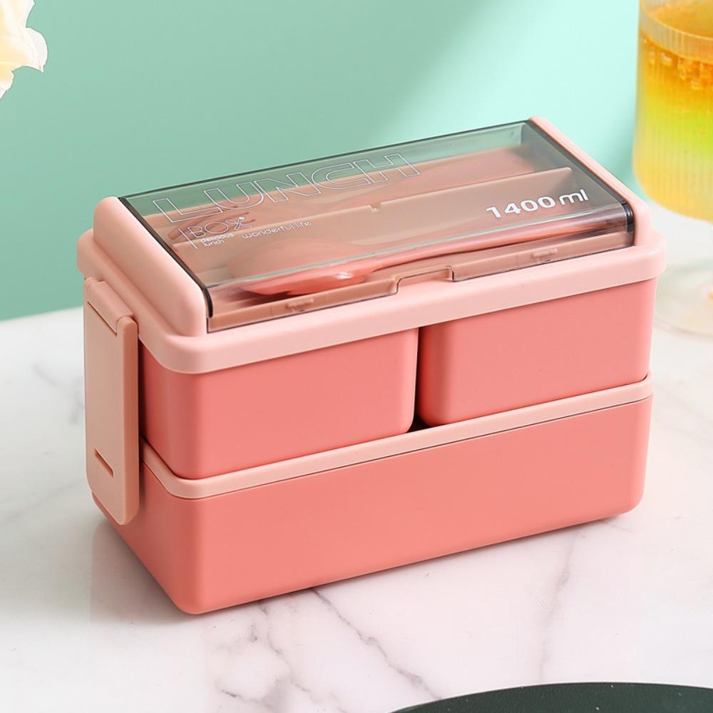 With Fork and Spoon Microwave Bento Boxes Double Layer Dinnerware Set  Office Worker