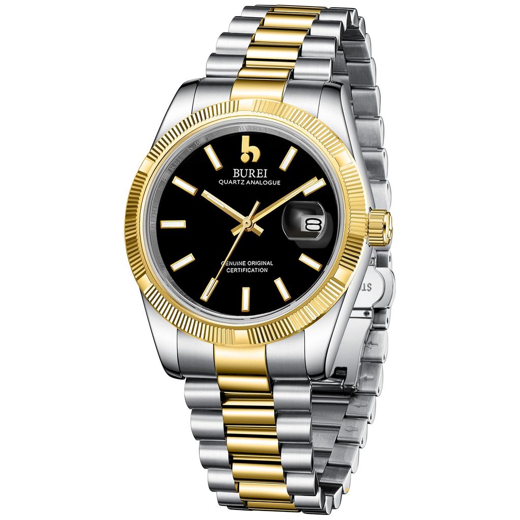 Часы водонепроницаемые брендовые кварцевые аналоговые часы простые популярные деловые модные золотые черные светящиеся часы подарок на день рождения [BUREI] мужские