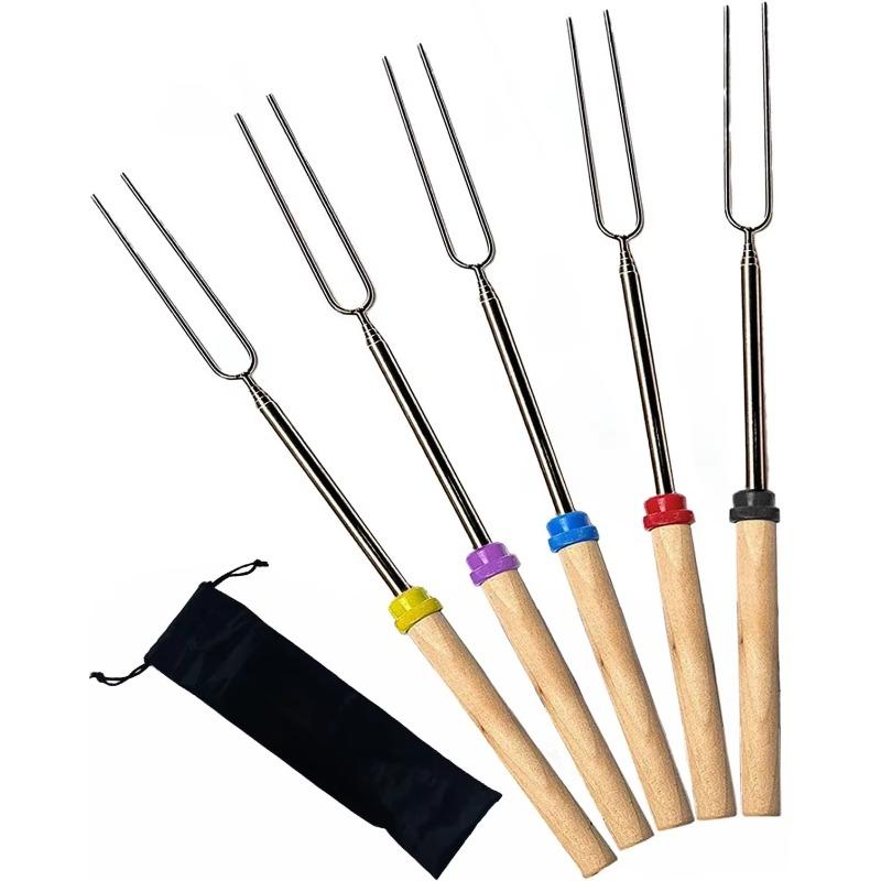3PCS Stainless Steel Telescopic BBQ Fork Hot Dog Roasting Stick Extendable U Shape Campfire Skewer with Wood Handle Outdoor