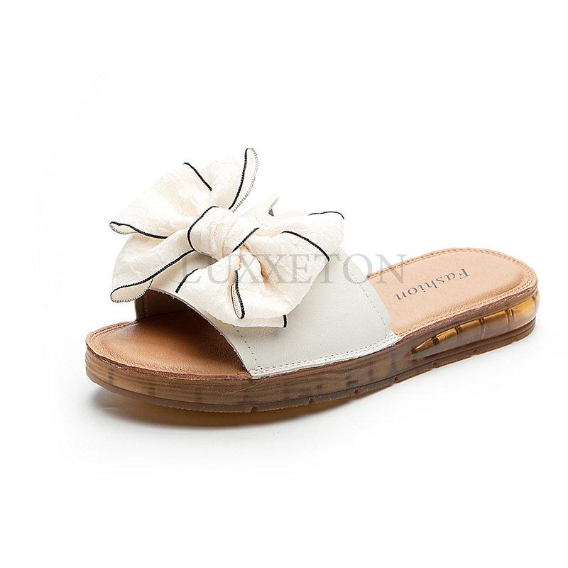 Тапочки из натуральной коровьей кожи для женщин, летние, с бантом, корейские, с мягкой подошвой, женские туфли на плоской подошве