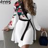 Women's Fashion Spring Fall Flower Pattern Print Long Sleeve V-Neck High Waist Casual Dresses