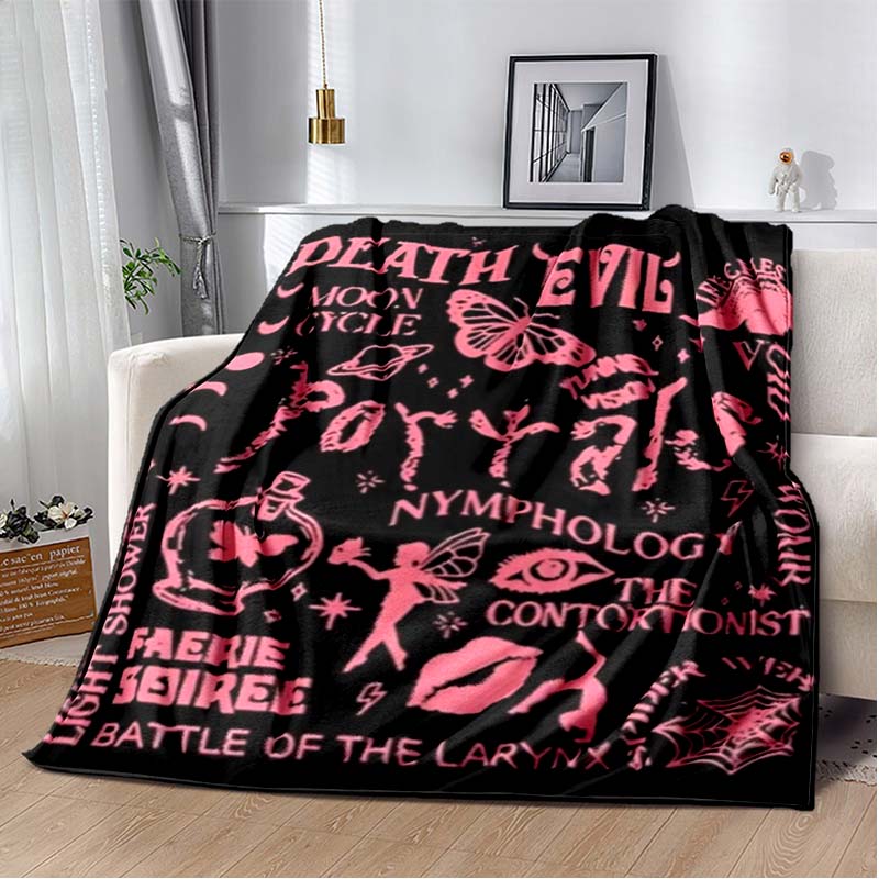Pink & Black Gothic Collage Print Flannel Blanket, Edgy Witchy Throw Blanket