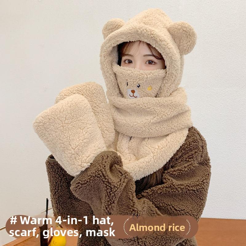 Шапка на осенне-зимний сезон, детская милая шапка с маленьким медведем, комплект из трех предметов: шарф, теплый и ветрозащитный, с защитой ушей