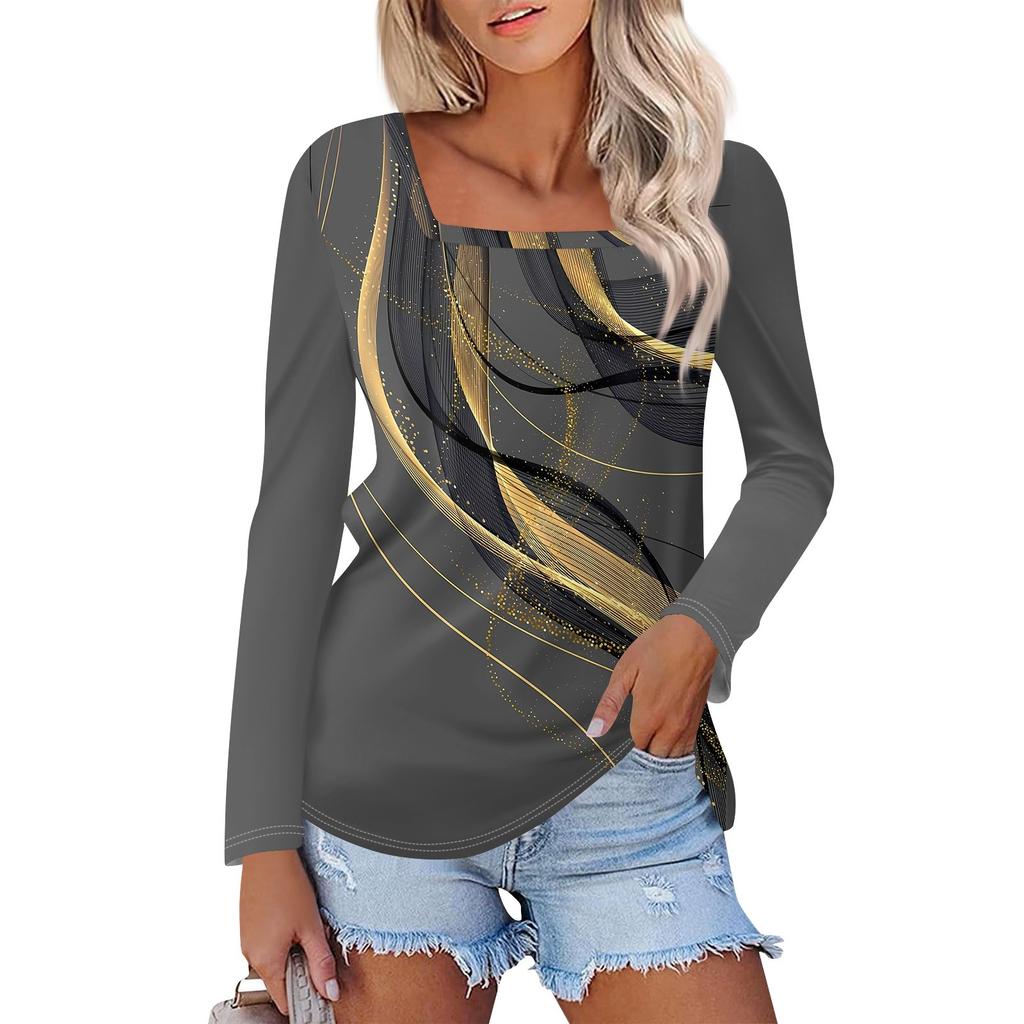 Рубашка для женщин, модная повседневная свободная футболка с квадратным вырезом и длинным рукавом с принтом, женский топ