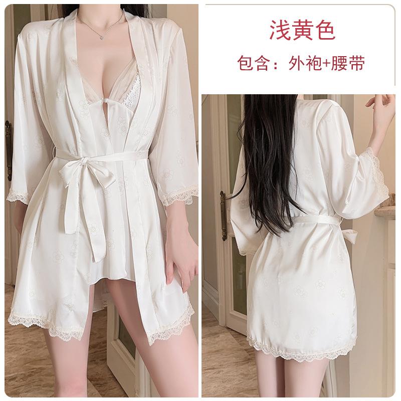 Women's French Satin Low Cut Front Slit Sleep Dress with Robe Lounge Set