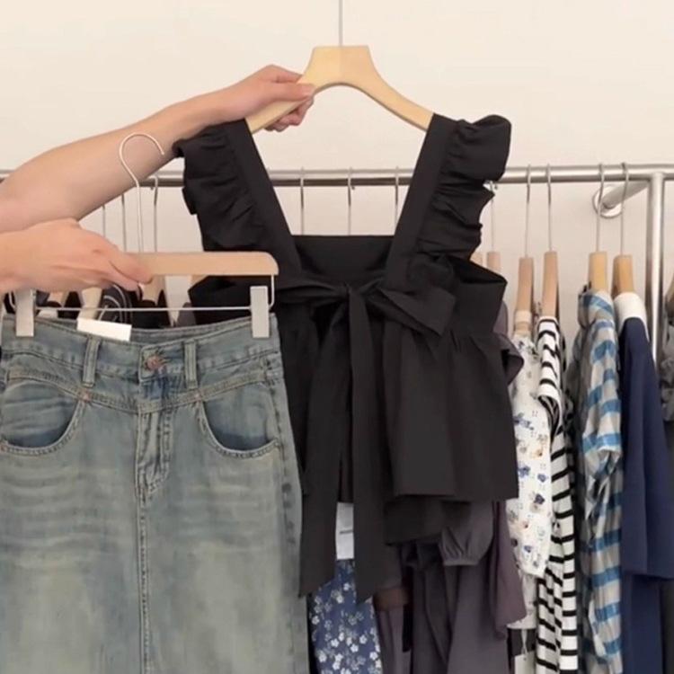 First Love Women's Square Neck Flutter Sleeve Babydoll Top with Bow Lace-up Detail