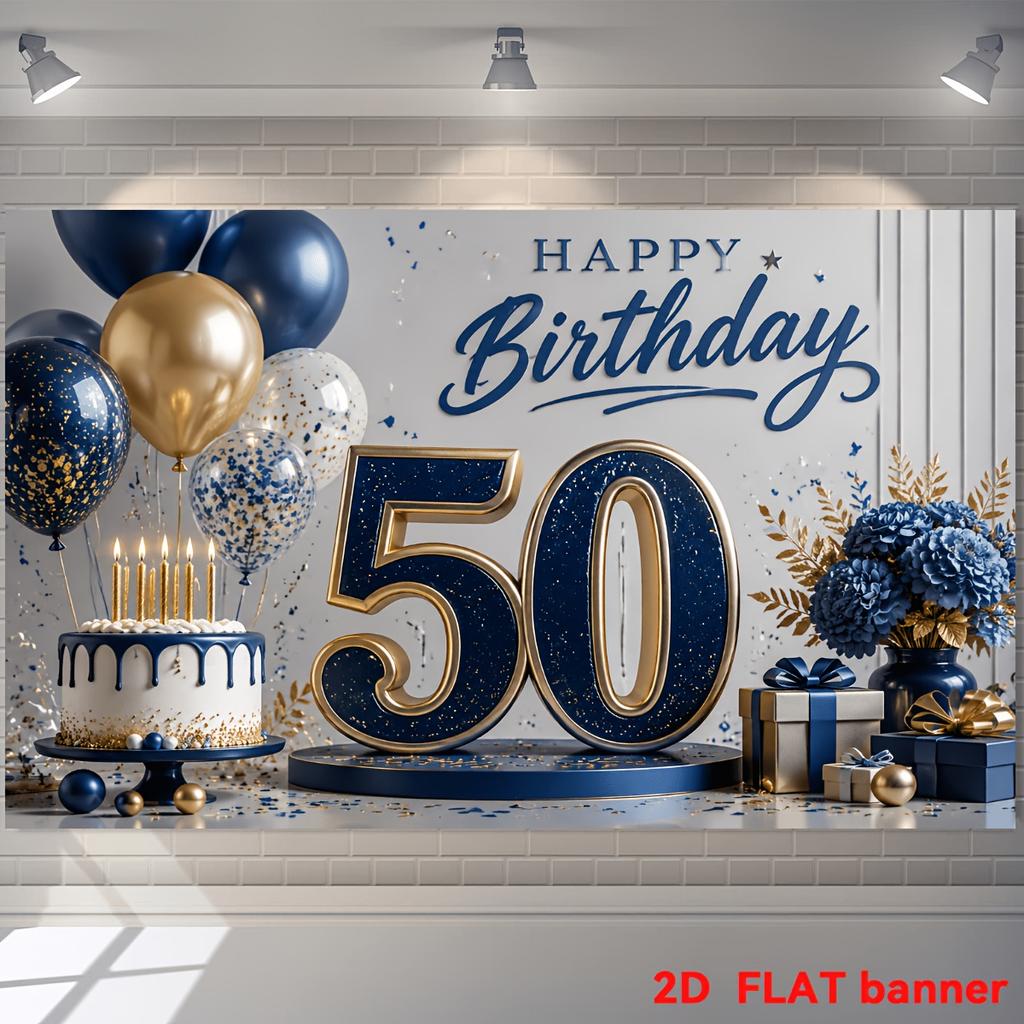 Двумерный фон для баннера на 50-летний день рождения - Темно-синяя и золотая тема дня рождения