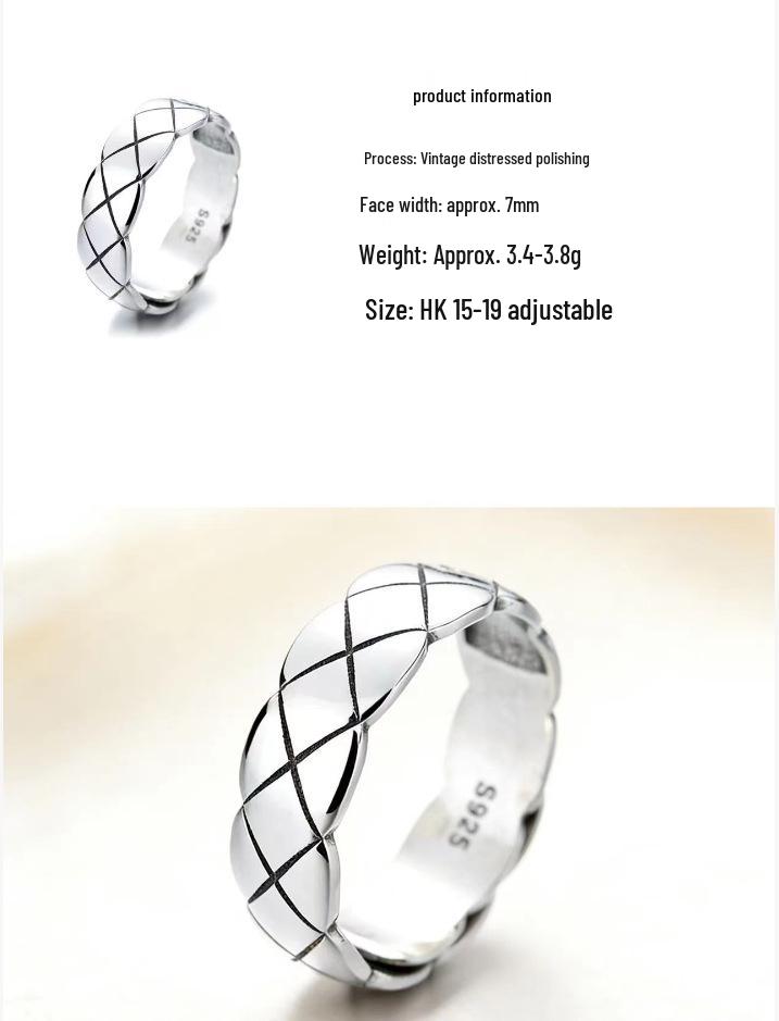 Кольцо Cai Yi из стерлингового серебра S925 с узором в виде ромба, регулируемое - Простое и универсальное, для указательного пальца.