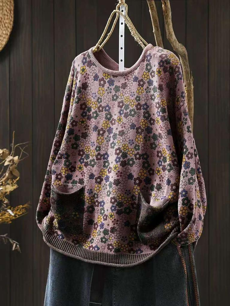 Johnature Woman Autumn Chinese Style Vintage Print O-Neck Loose Sweater Fashion Casual Long Sleeves Casual Sweater