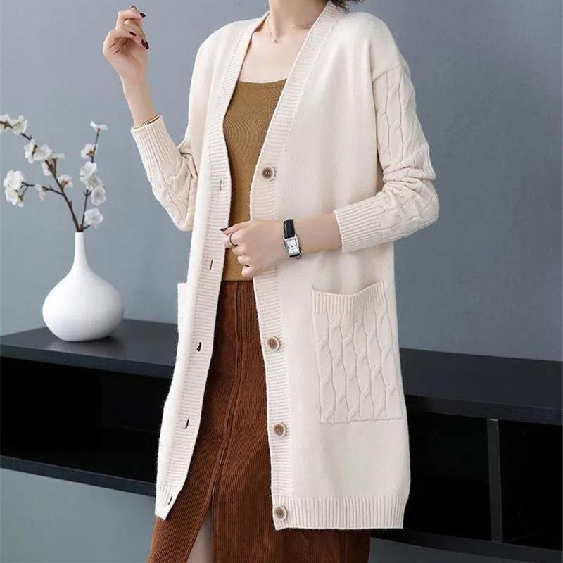 Весенне-осенний вязаный кардиган с v-образным вырезом, женский корейский свитер средней длины, элегантные пальто больших размеров 4xl, повседневная свободная трикотажная одежда, верхняя одежда